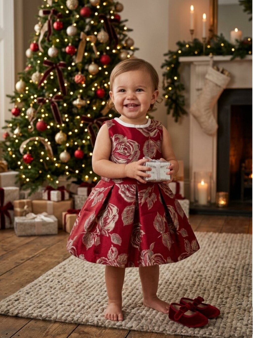 The Childrens Place Toddler Red Metallic Floral Jacquard Holiday Dress 18-24M